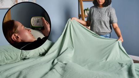 A woman makes her bed with a polyester sheet set. In the top left foreground, a circular frame features an image of a woman waking up at 3 a.m.