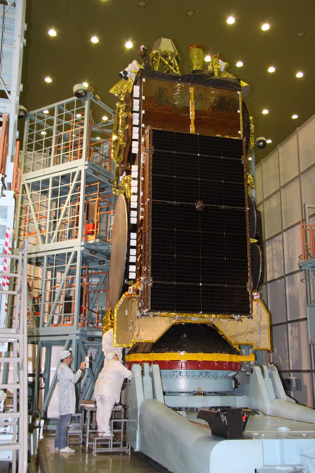 The Express AM5 communications satellite is seen here before its launch atop a Russian Proton rocket from Baikonur Cosmodrome, Kazakhstan, on Dec. 27, 2013.