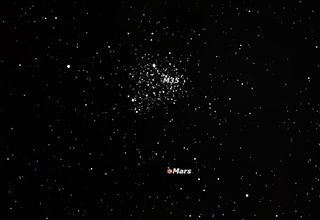 This sky map shows the location of Mars and the open star cluster Messier 35 on Aug. 6, 2011.