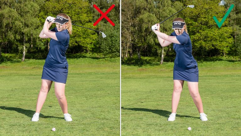 PGA pro Jo Taylor demonstrating a good and bad backswing in this how to stop overswinging tutorial