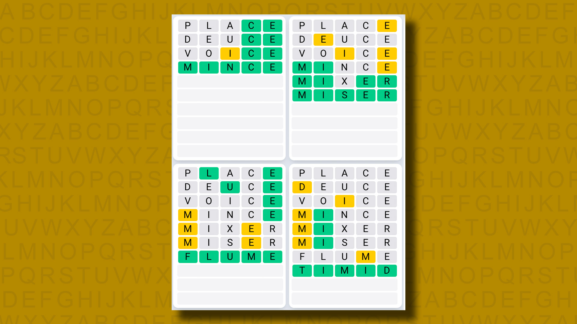 Quordle Daily Sequence answers for game 1292 on a yellow background