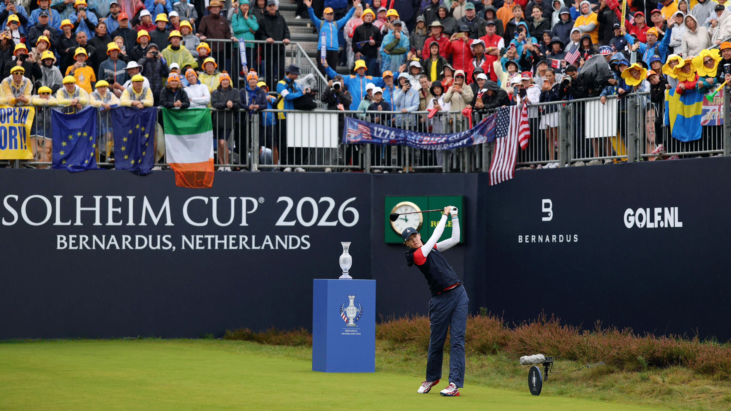 Nelly Korda hits her opening tee shot during the Sunday singles at the 2026 Solheim Cup