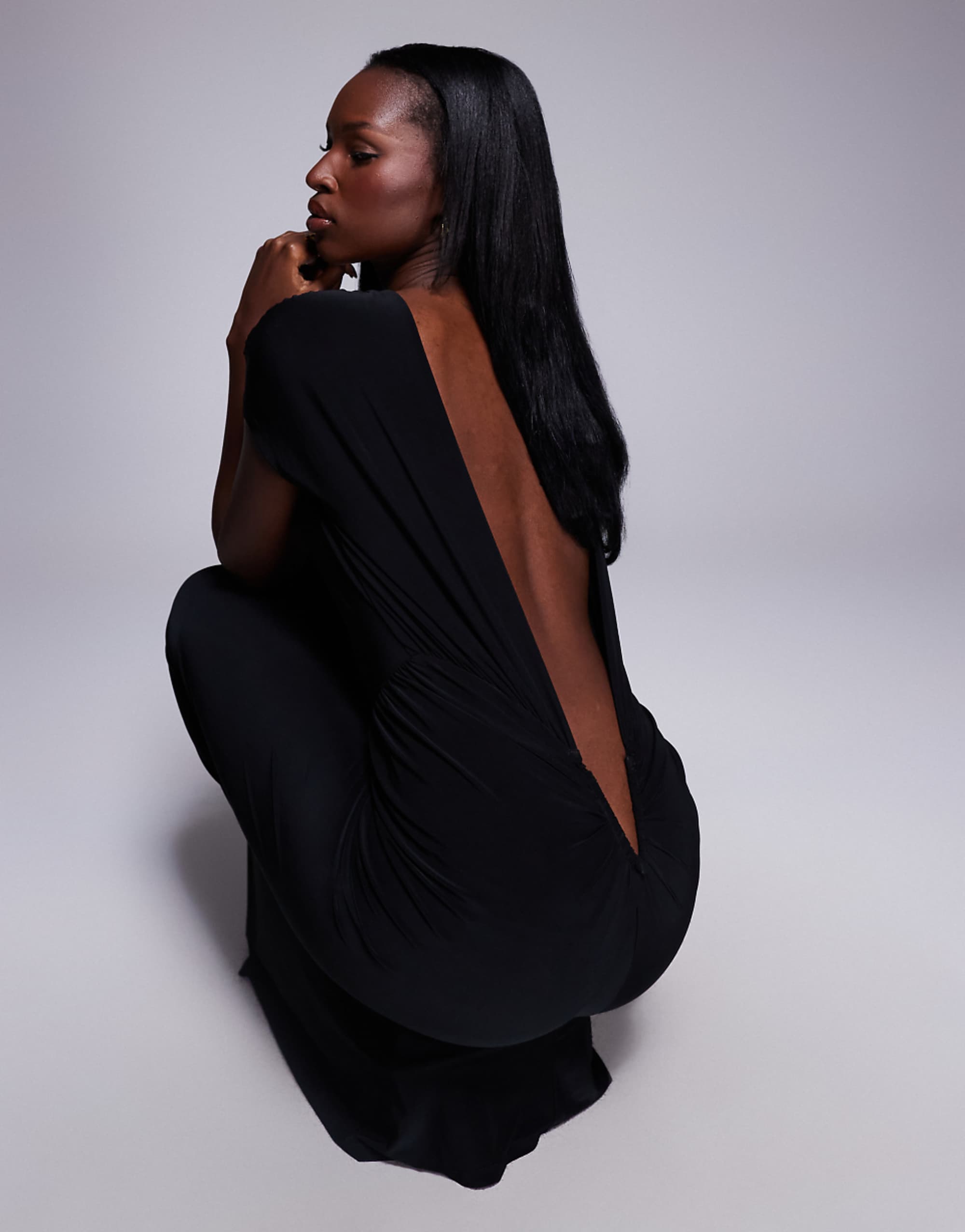 Asos Design Cut Out Back Ruched Midi Dress in Black