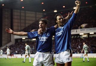 Ally McCoist celebrates with Mark Hateley after scoring for Rangers against Celtic, 1991