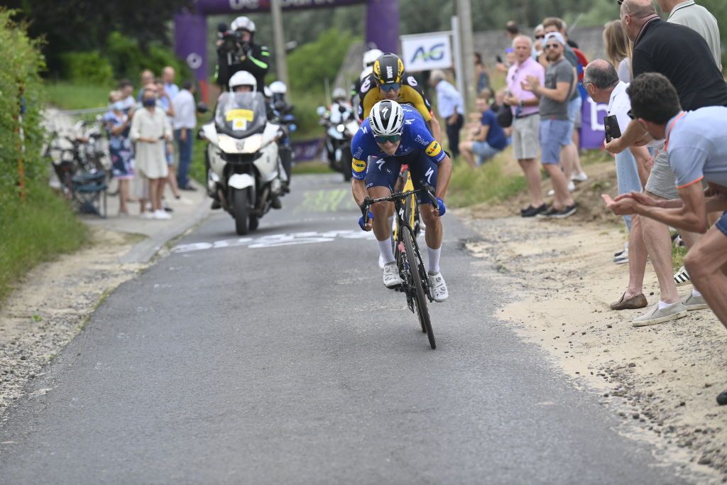 WAREGEM BELGIUM JUNE 20 during the 2021 Belgian national championship cycling race elite men with start and finish in Waregem on June 20 2021 in Waregem Belgium 20062021 Photo by Peter De Voecht motordriver Kenny Verfaillie Photonews Photo by POOL PETER DE VOECHTBELGA MAGAFP via Getty Images