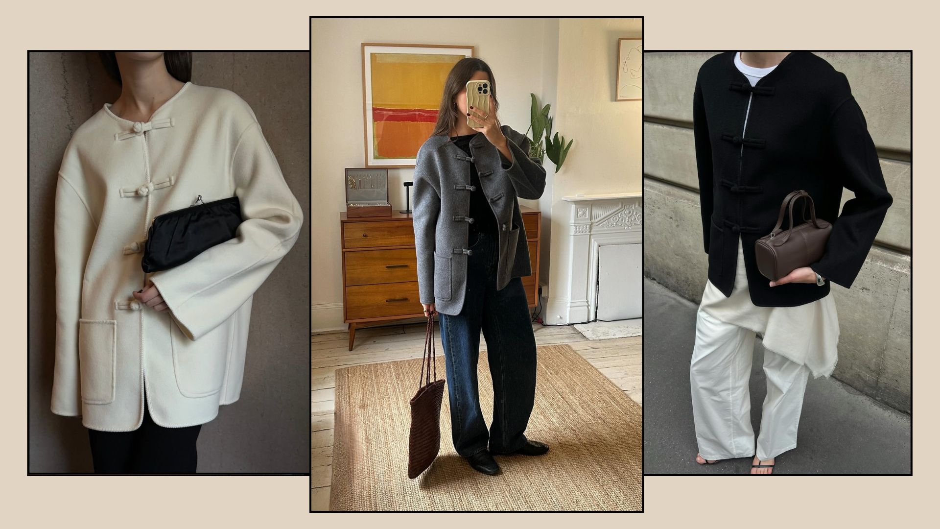Woman wears cream jacket and carries black clutch; woman wears grey jacket, black jeans and black boots; woman wears black jacket, cream top and white jeans