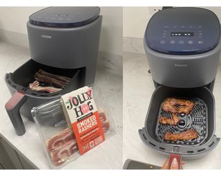 Christina Chrysostomou cooking Jolly Hog bacon in Cosori Lite air fryer kitchen appliance