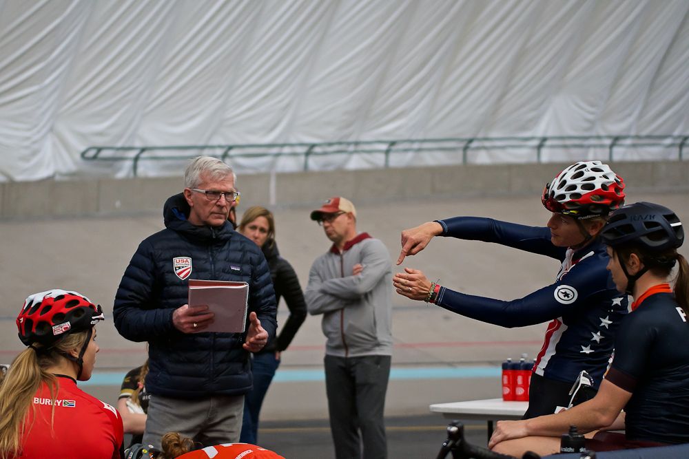 Allie Dragoo talks with Gary Sutton at the track in Colorado Springs