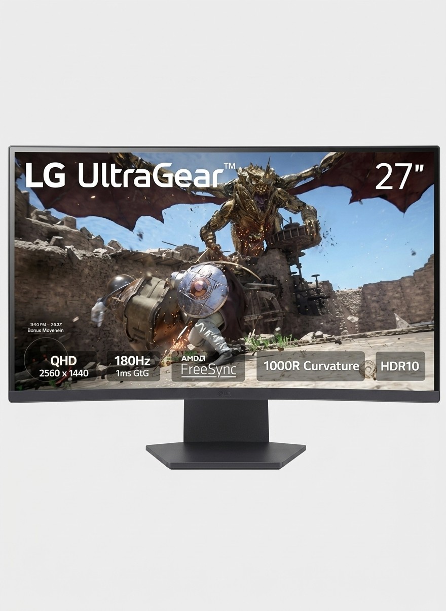 An LG 27GS60QC-B 27-inch gaming monitor on a grey background