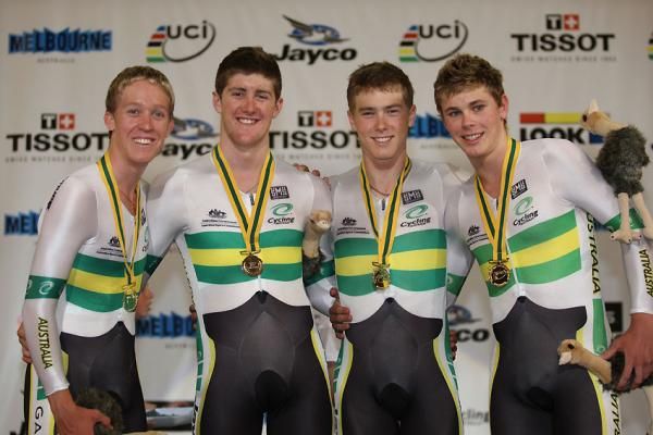The winning Australian men's team pursuiters.