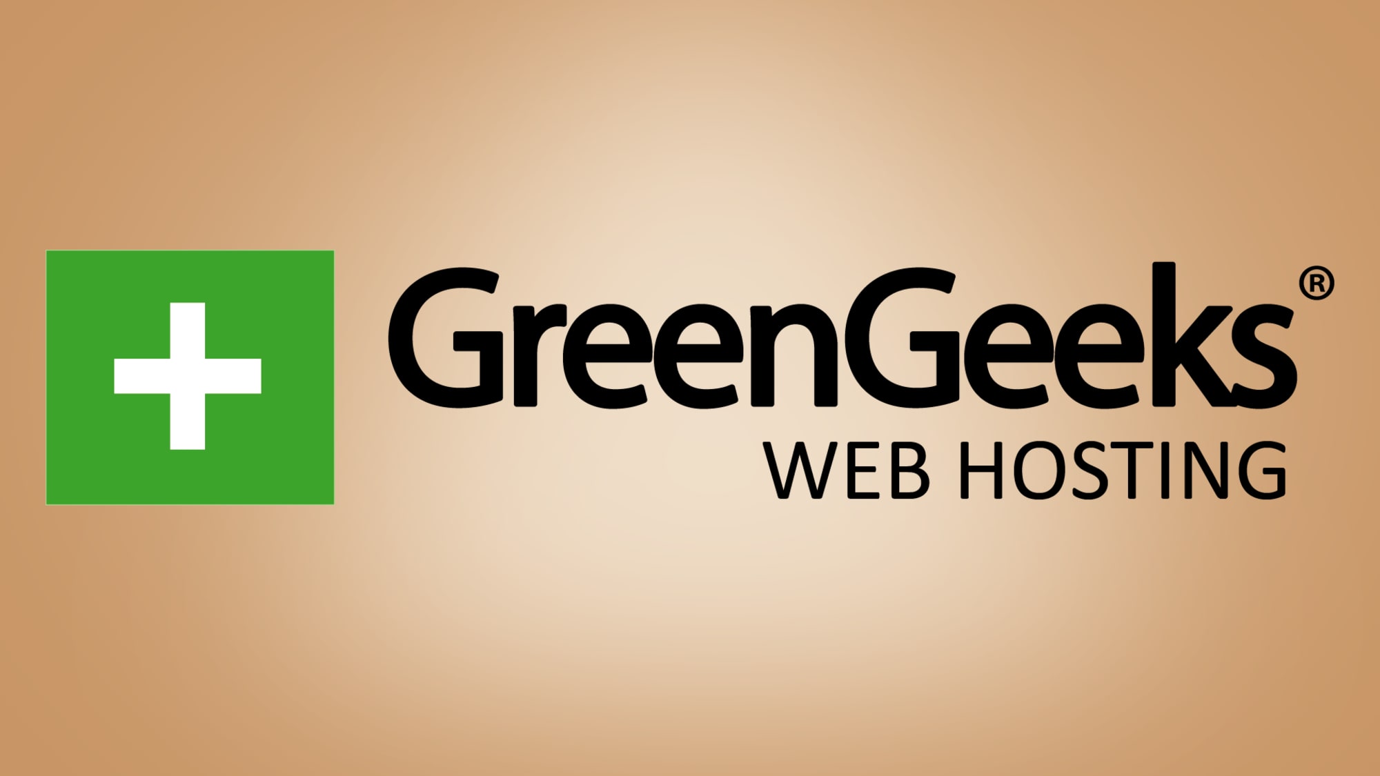 GreenGeeks logo on a beige background with a spotlight effect
