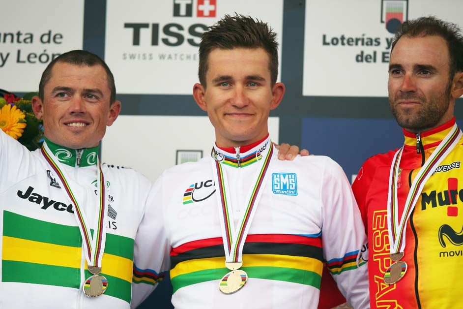 Michal Kwiatkowski, Simon Gerrans and Alejandro Valverde on the 2014 podium