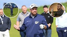 Main image of Shane Lowry holding a wedge during a short-game clinic at Royal Portrush on HSBC Patron's Day. Inset images of Lowry with his arms outstretched at Royal Portrush (upper left) and posing in front of a house with a mural depicting his 2019 Open win (upper right)