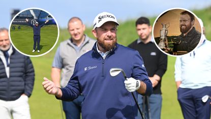 Main image of Shane Lowry holding a wedge during a short-game clinic at Royal Portrush on HSBC Patron's Day. Inset images of Lowry with his arms outstretched at Royal Portrush (upper left) and posing in front of a house with a mural depicting his 2019 Open win (upper right)