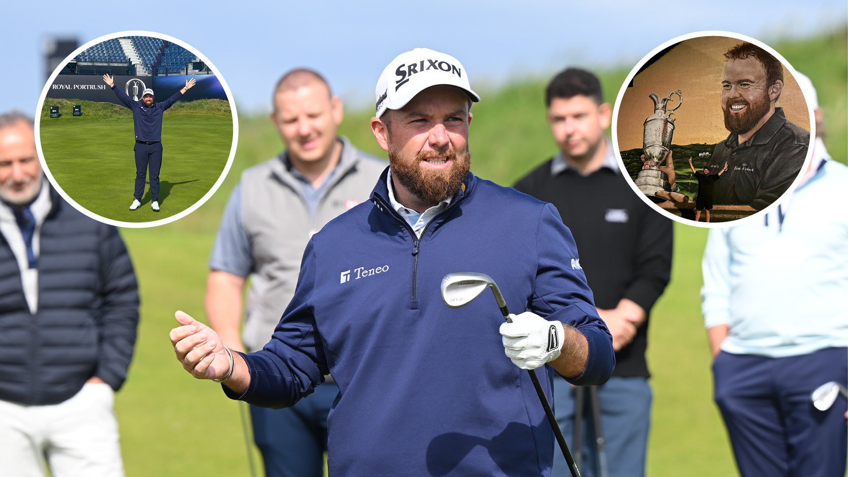 Main image of Shane Lowry holding a wedge during a short-game clinic at Royal Portrush on HSBC Patron&#039;s Day. Inset images of Lowry with his arms outstretched at Royal Portrush (upper left) and posing in front of a house with a mural depicting his 2019 Open win (upper right)