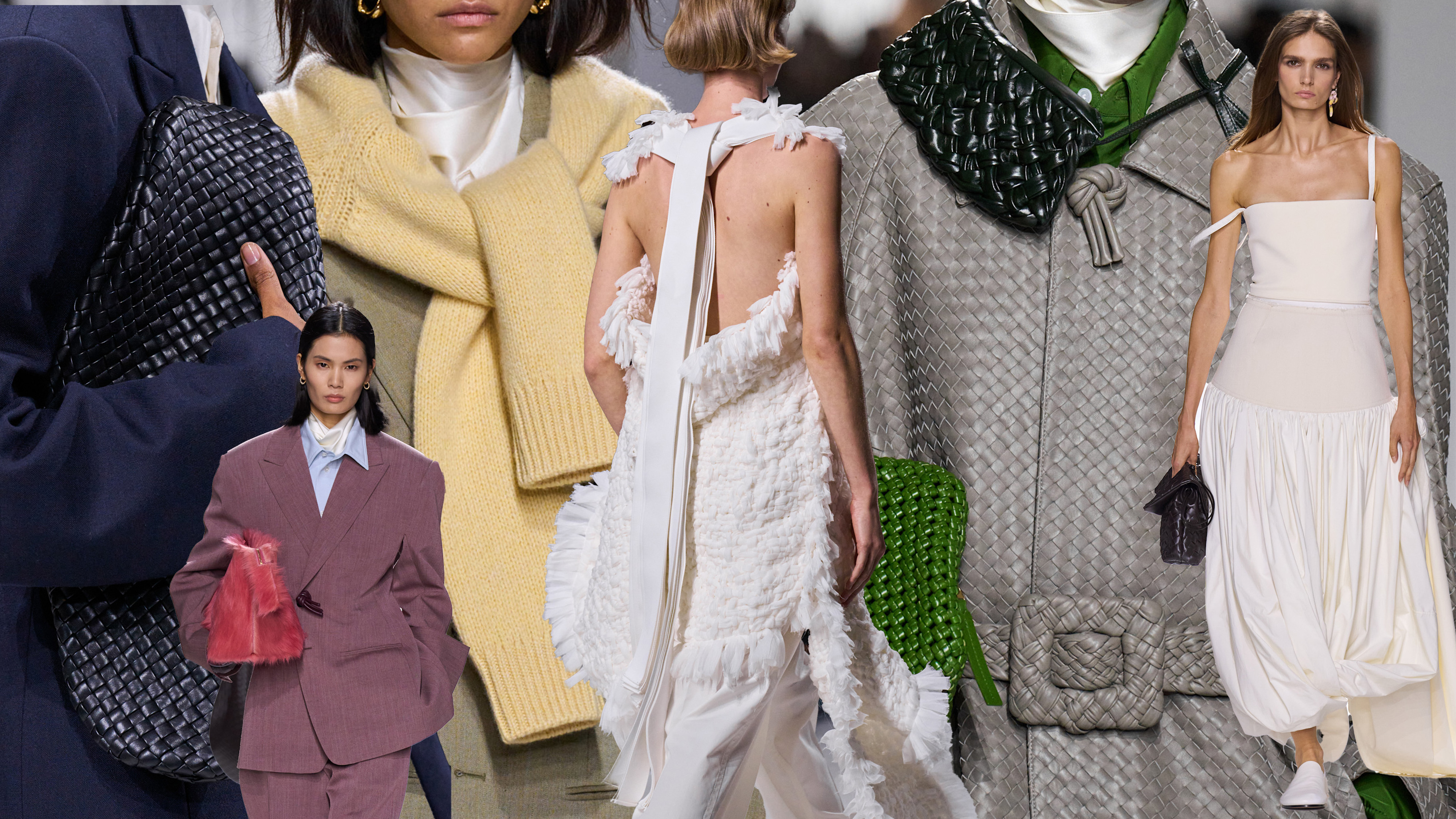 A collage of different photos from the S/S 26 Bottega Veneta show. 