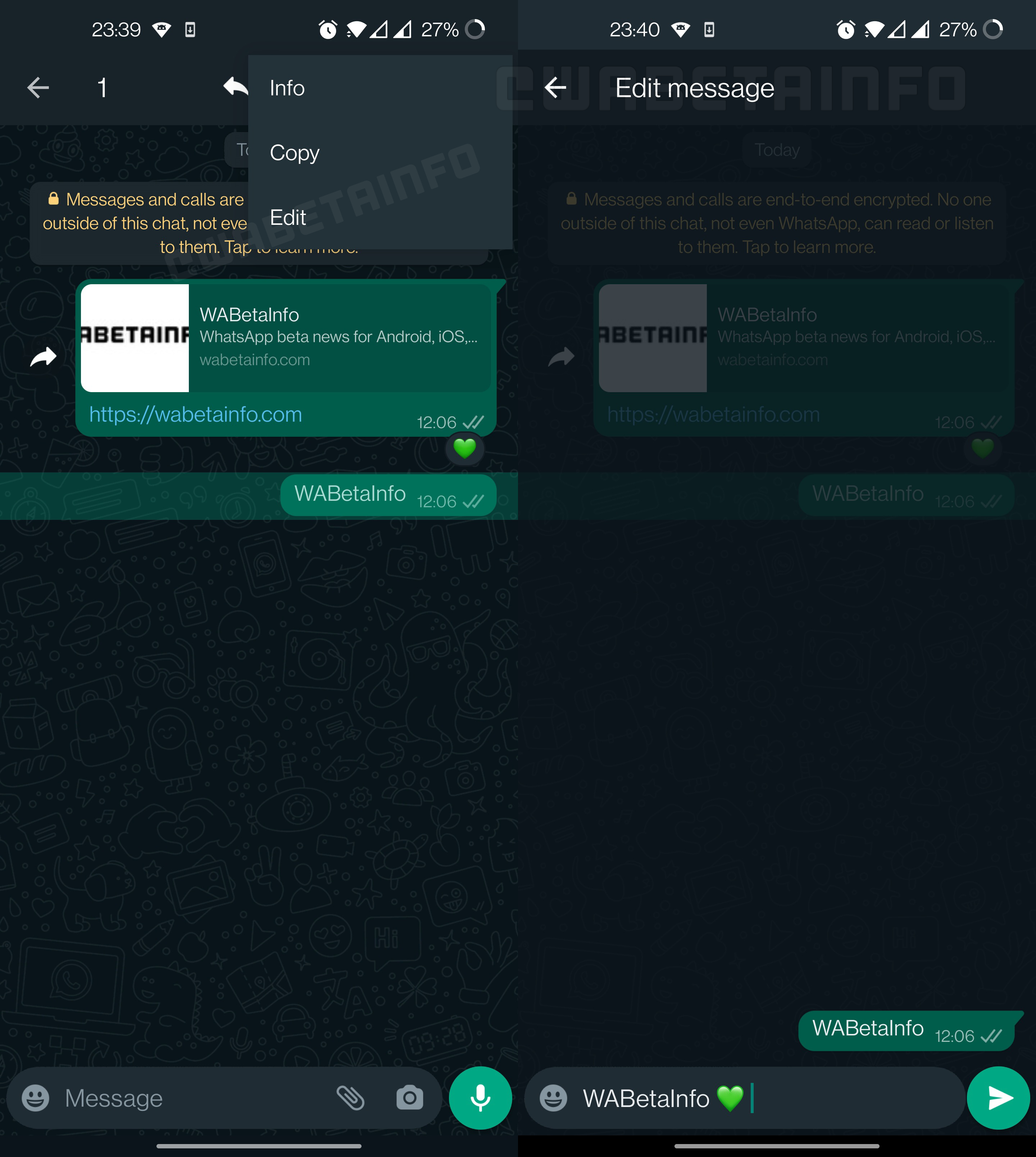 Screenshot of WhatsApp edit message being tested