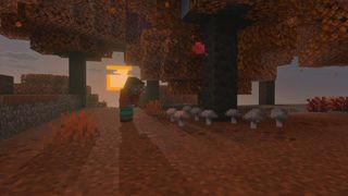 Player stood in the dappled forest biome in Minecraft looking at brown mushrooms under a red poplar tree
