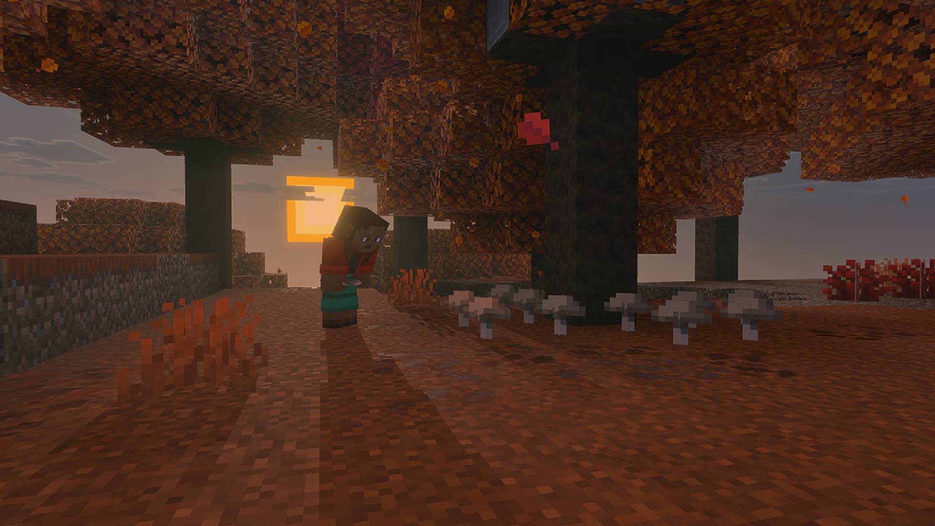 Player stood in the dappled forest biome in Minecraft looking at brown mushrooms under a red poplar tree