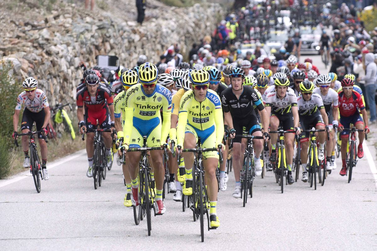 The Tinkoff-Saxo team riding on the front of the peloton