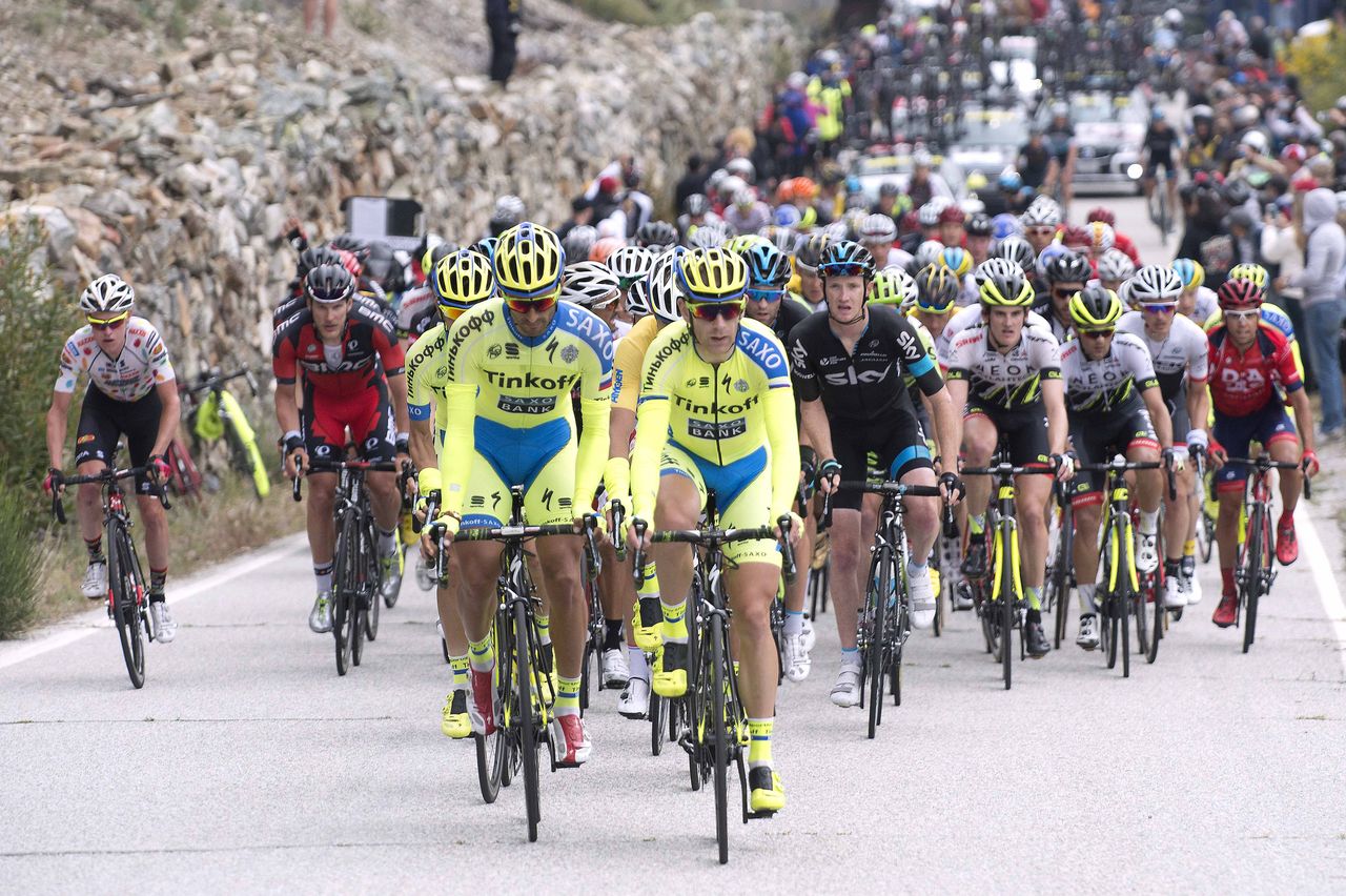 The Tinkoff-Saxo team riding on the front of the peloton