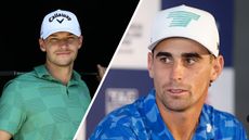 (Left) Nicolai Hojgaard looks towards the camera (right Joaquin Niemann during a LIV Golf press conference