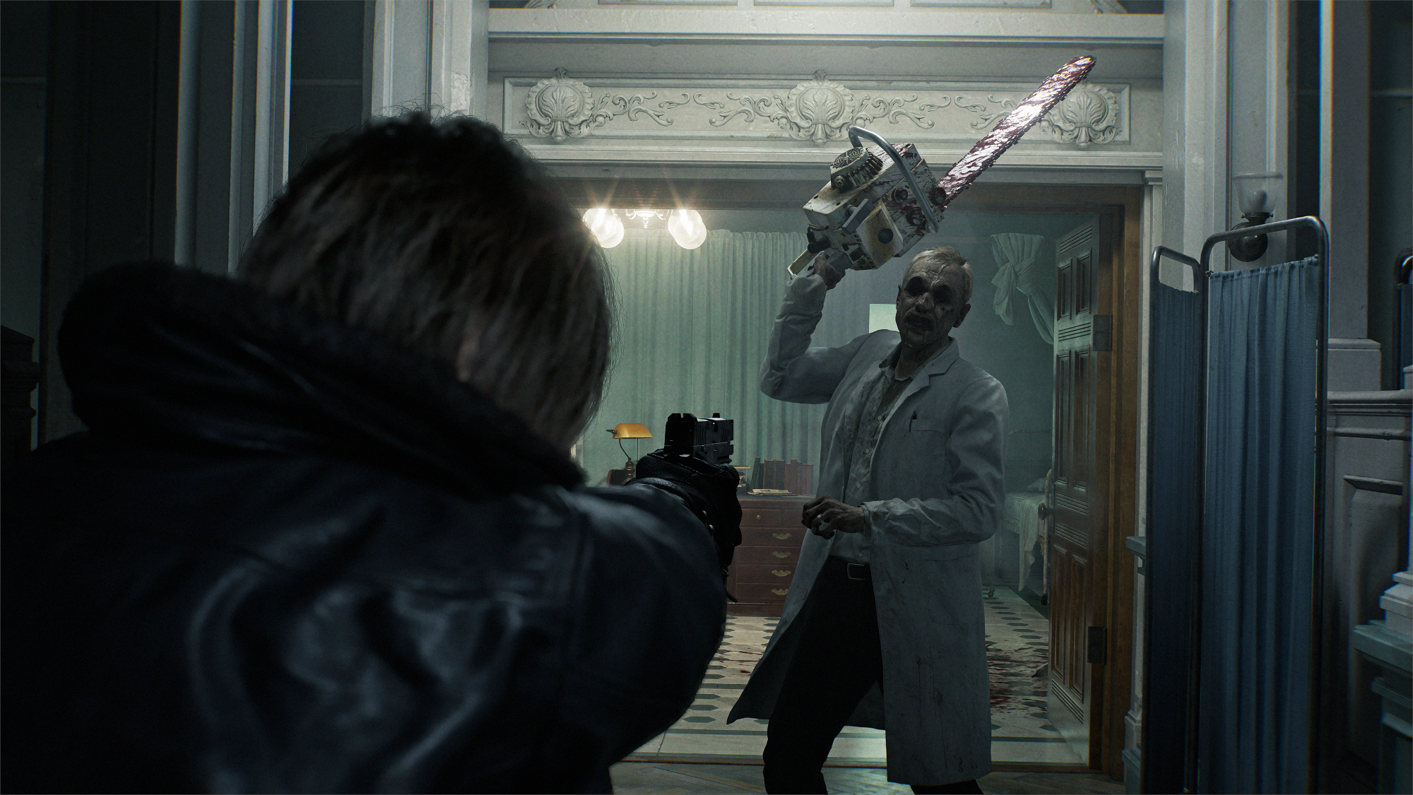 Resident Evil Requiem: Leon aims his gun at a chainsaw-wielding zombie.