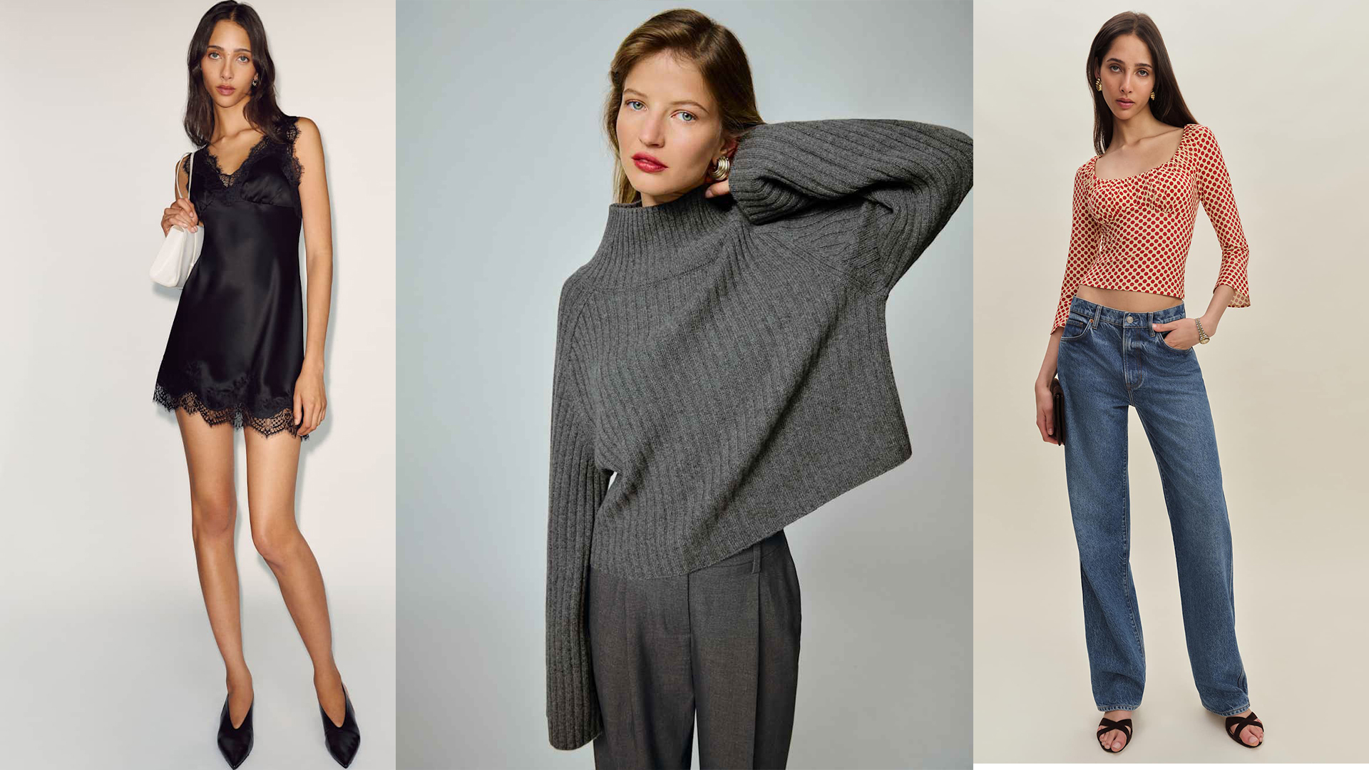 model wears black dress, model wears gray sweater and pants, model wears red dotted top and jeans