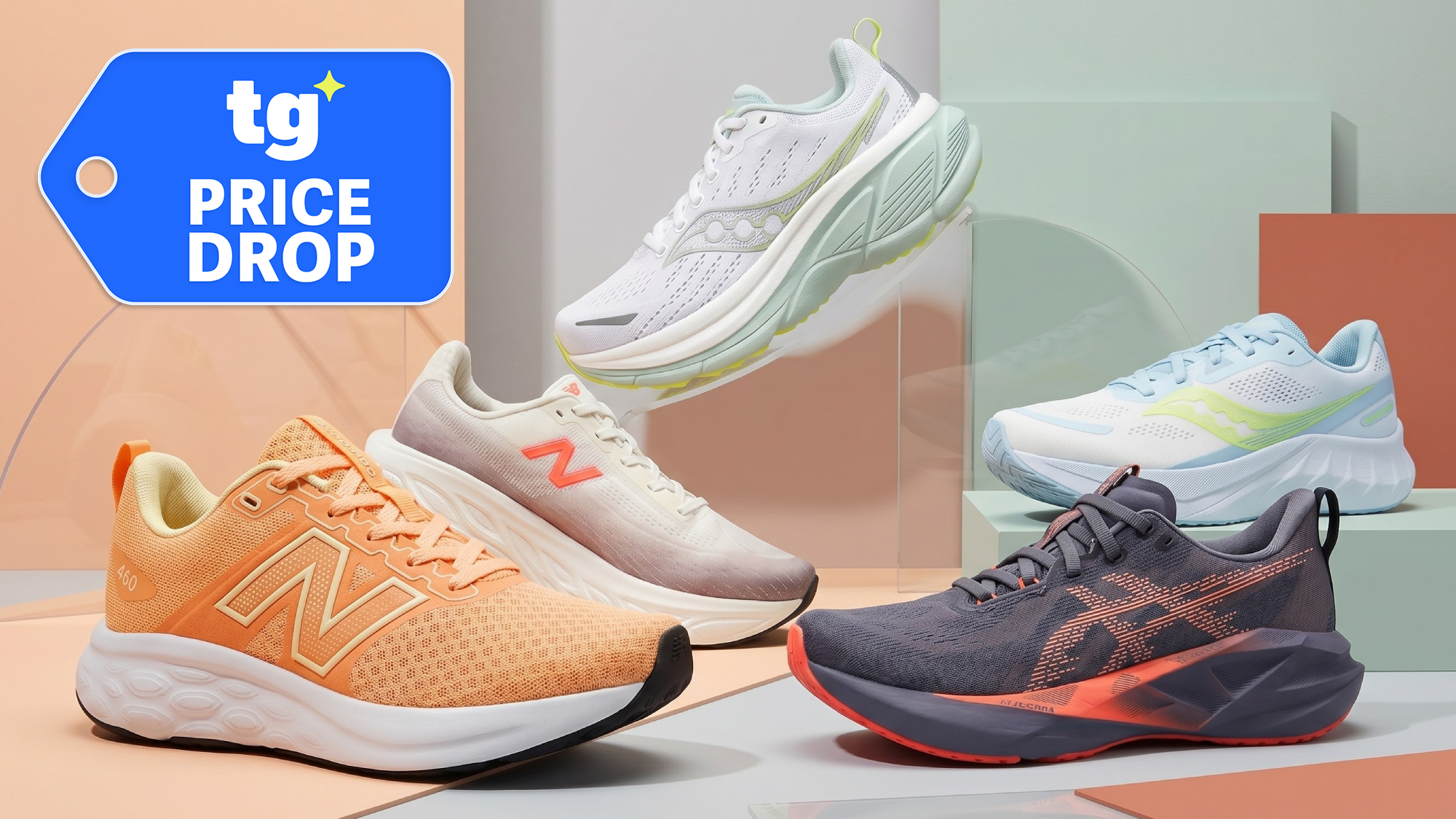 Collage of sneakers from New Balance, Asics, and Saucony