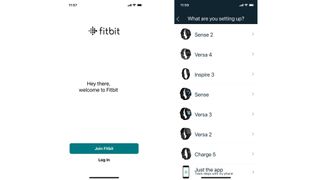 Opening page for the Fitbit app and connection instructions for the Fitbit