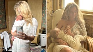 Two images of Harling Ross in a postpartum white nightgown holding her baby and nursing her baby