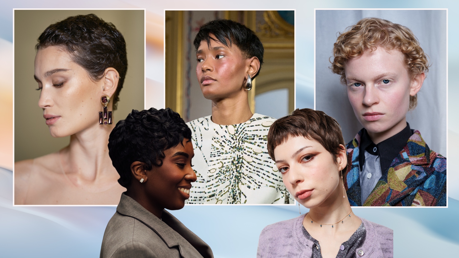 five beautiful women with short pixie cuts on a baby blue background