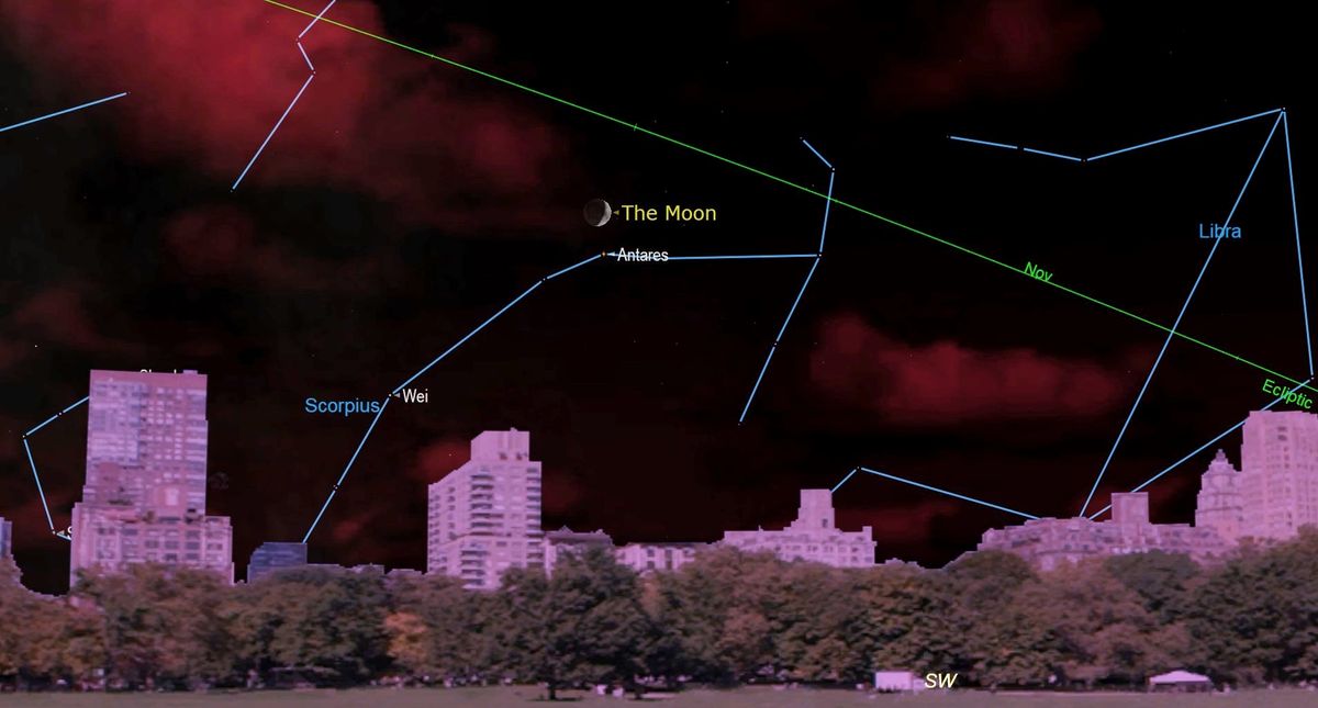 Illustration showing the moon above antares in the night sky.