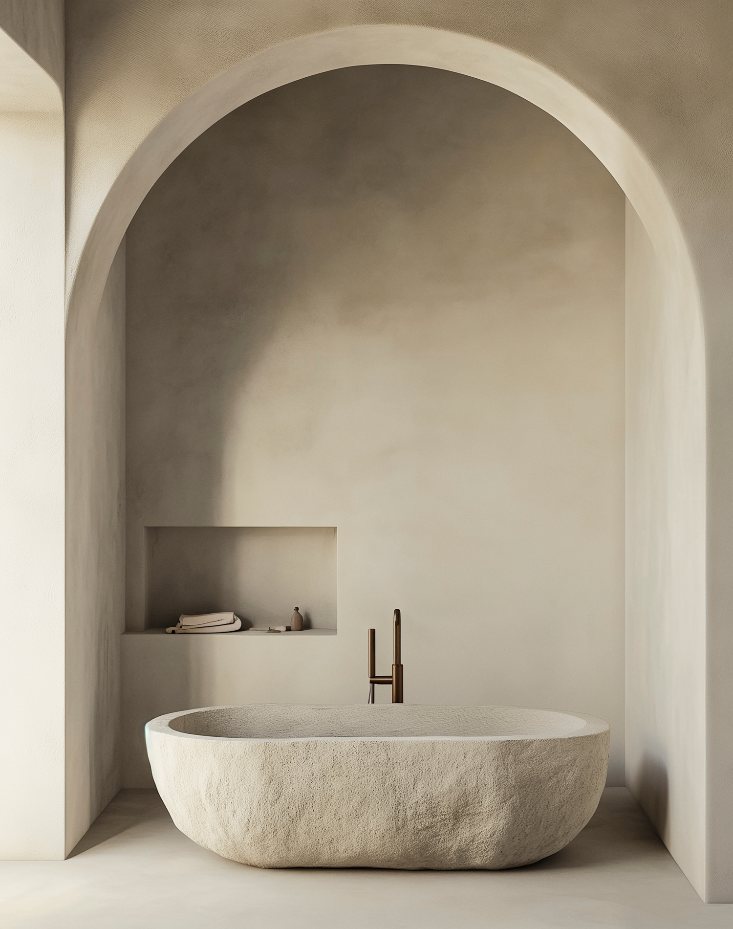 DETALE CPH limewash paint in a modern bathroom featuring a tub and architectural arches