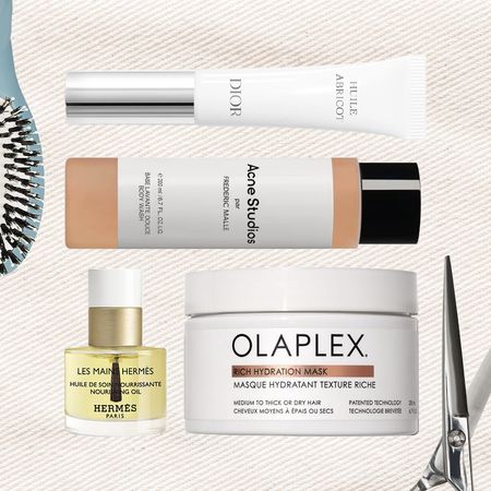A collage of beauty products from La Bonne Brosse, Dior, Acne Studios, Hermes and Olaplex