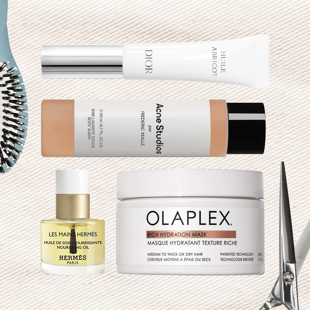 A collage of beauty products from La Bonne Brosse, Dior, Acne Studios, Hermes and Olaplex