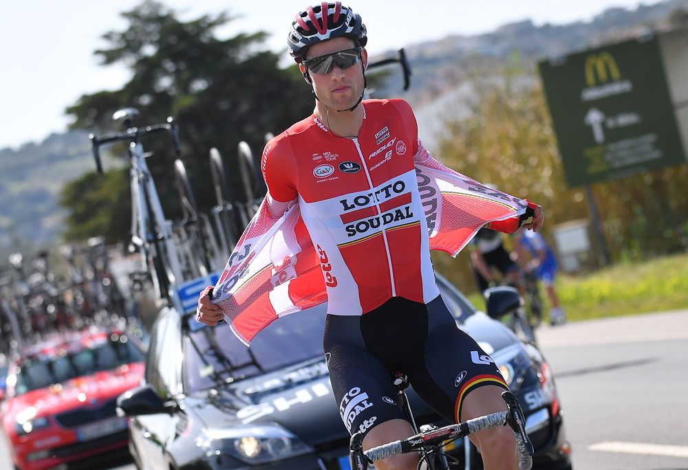 Nikolas Maes make a wardrobe change during stage 1 at Volta ao Algarve