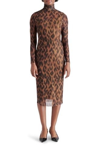 Vivienne Static Leopard Print Long Sleeve Mesh Midi Dress