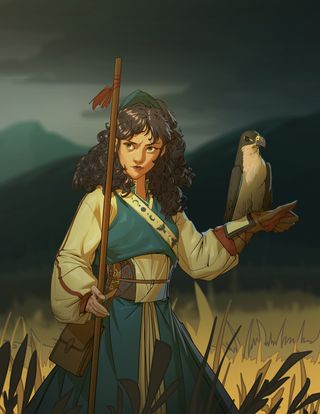 The Wise One, a young woman with a hawk on her arm in Legend in the Mist.