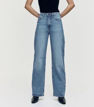 Image of denim blue wide leg jeans