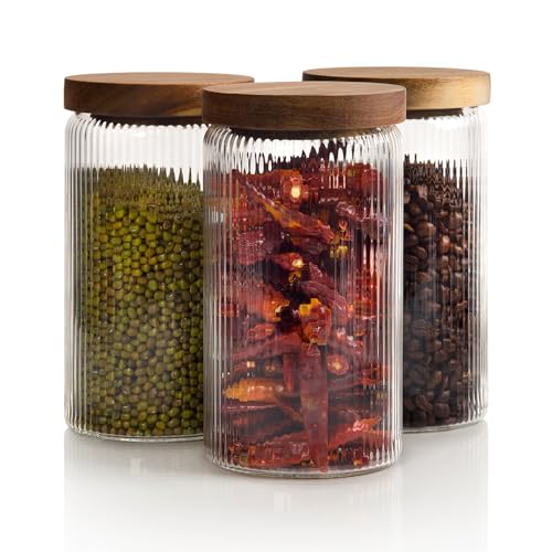 Mason &amp;amp; Fable Ribbed Glass Jar With Wooden Lid 800ml-Set of 3| Airtight Fluted Storage Canister for Food, Pasta, Coffee, Dog Treats, Snacks | Container for Home &amp;amp; Kitchen
