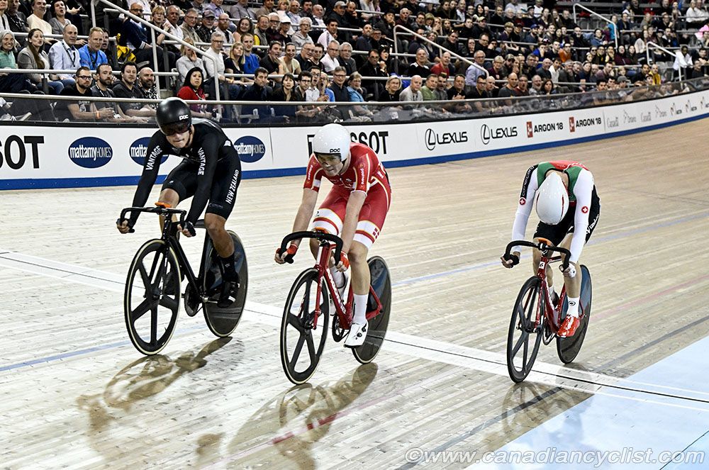 Men Omnium's - Top 3 in Elimination race, Campbell Stewart (New Zealand), Niklas Larsen (Denmark), Gael Suter (Switzerland)