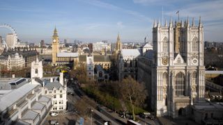 London skyline with Westminster Abbey, Palace of Westminster, Big Ben, London Eye
