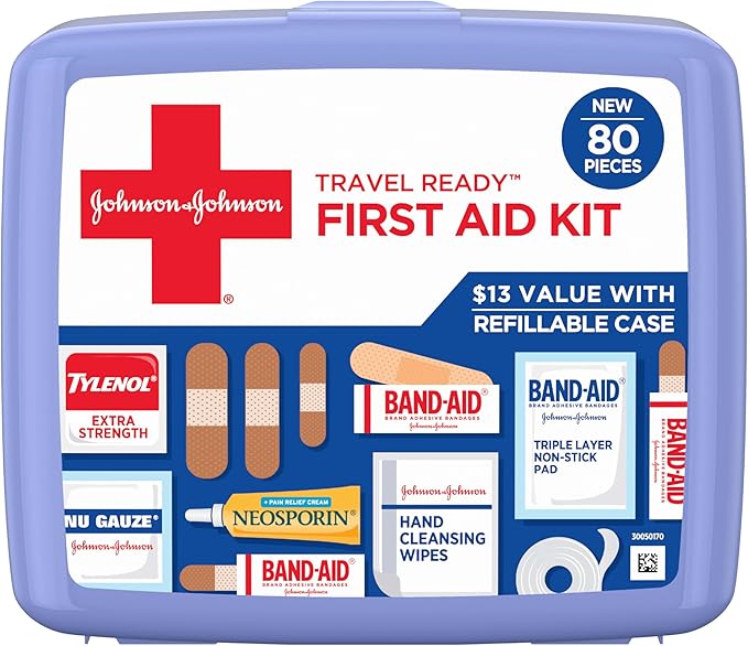 Band-Aid, Band-Aid Travel Ready Portable Emergency First Aid Kit for Minor Wound Care With Assorted Adhesive Bandages, Gauze Pads & More, Ideal for Travel, Car & On-The-Go, 80 Pc