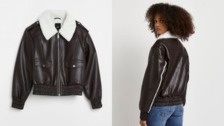 flat lay image next to image of a model wearing a brown leather jacket with a white shearling collar