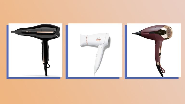 collage of three of the best hair dryers for fine hair on a peach background