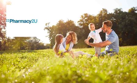 Pharmacy2U logo placed over an image of a family in a field during spring
