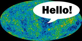 An illustration shows a message embedded in the cosmic microwave background.