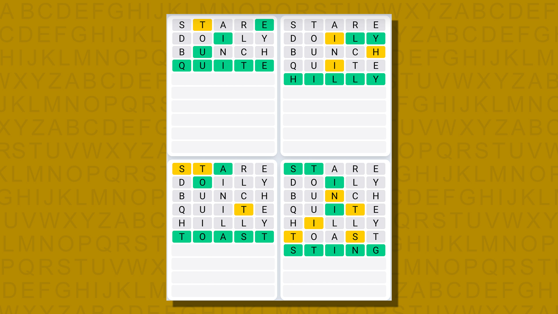Quordle daily sequence answers for game 758 on a yellow background