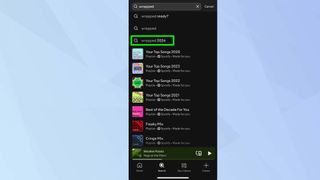 Spotify wrapped 2024 highlighted in Spotify search bar 